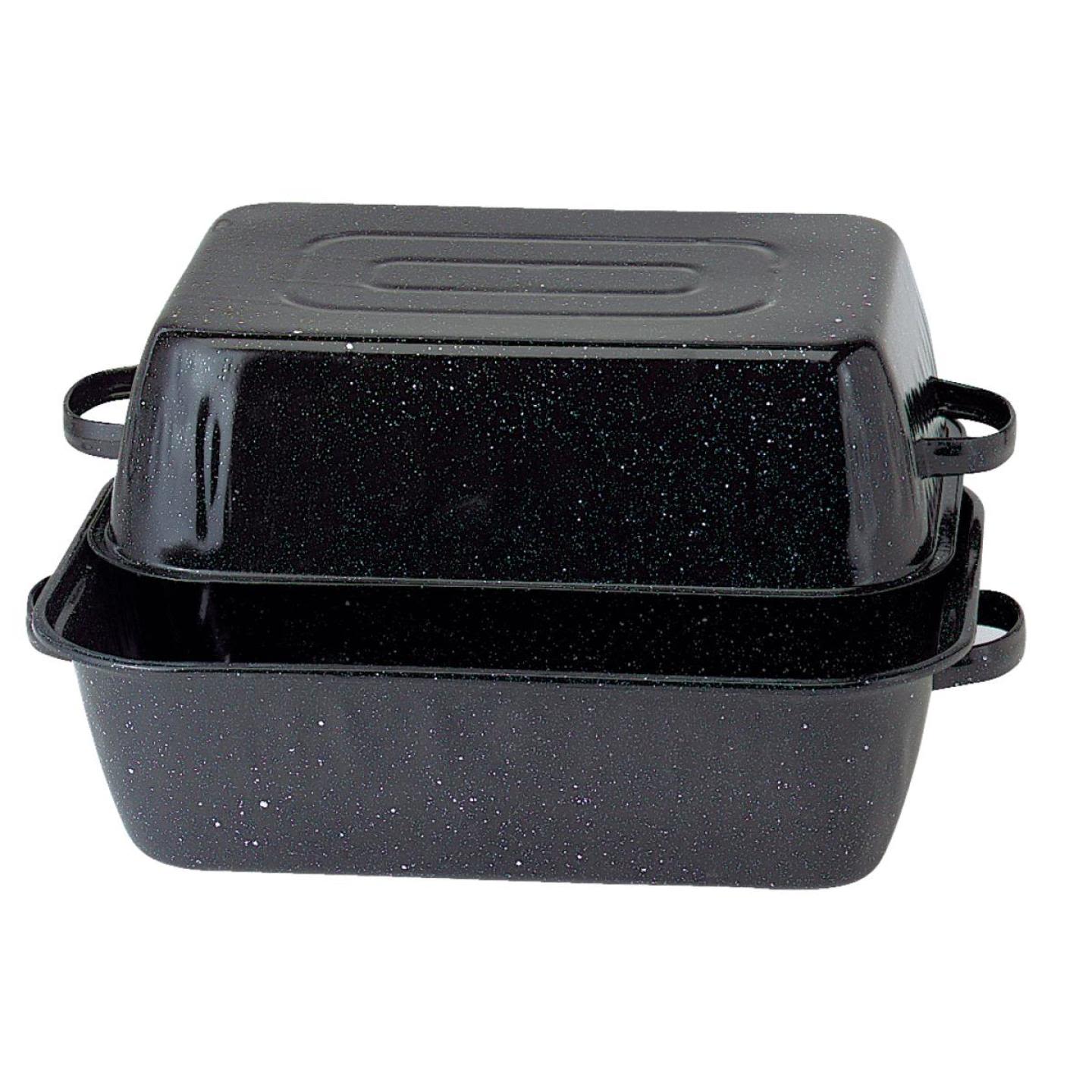 Large black speckled graniteware roasting pan with sturdy handles and a matching lid that doubles as a second pan, perfect for big-batch cooking and featured in Kitchen & Food, Cookware, and Best Sellers collections.