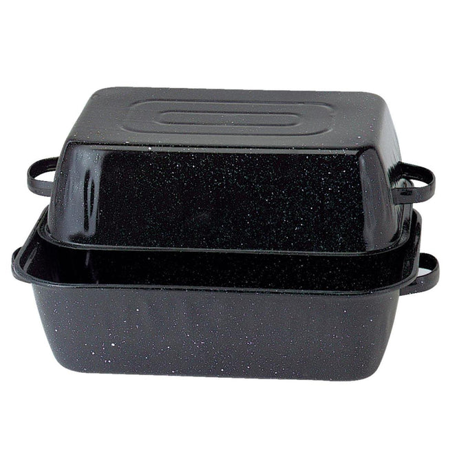 Large black speckled graniteware roasting pan with sturdy handles and a matching lid that doubles as a second pan, perfect for big-batch cooking and featured in Kitchen & Food, Cookware, and Best Sellers collections.