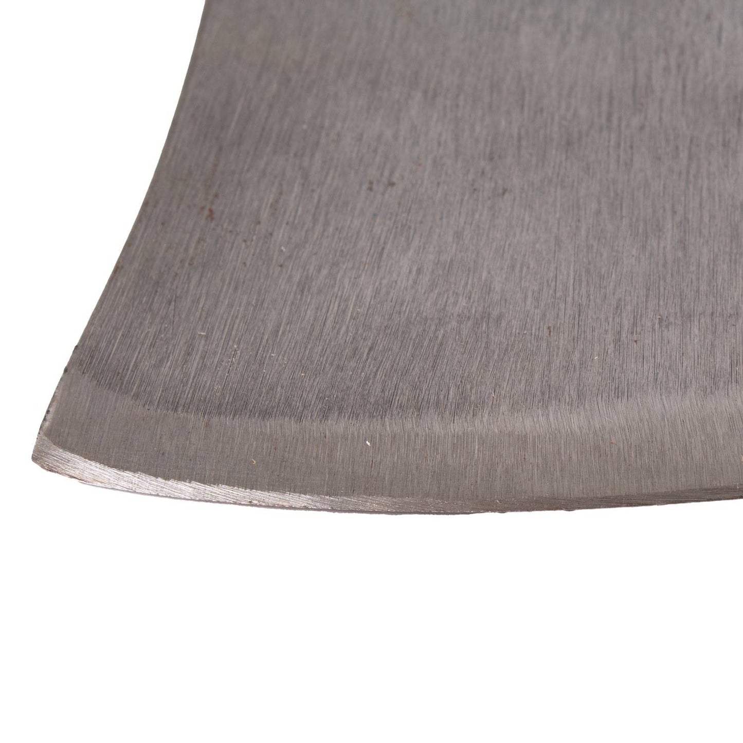 Close-up of a handcrafted high carbon steel axe blade edge, part of a Snow & Nealley axe made in USA, Amish made, designed for wood cutting and hauling tasks.