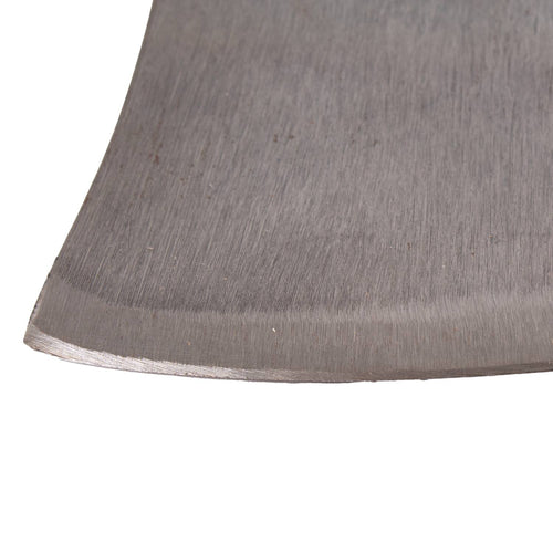Close-up of a handcrafted high carbon steel axe blade edge, part of a Snow & Nealley axe made in USA, Amish made, designed for wood cutting and hauling tasks.