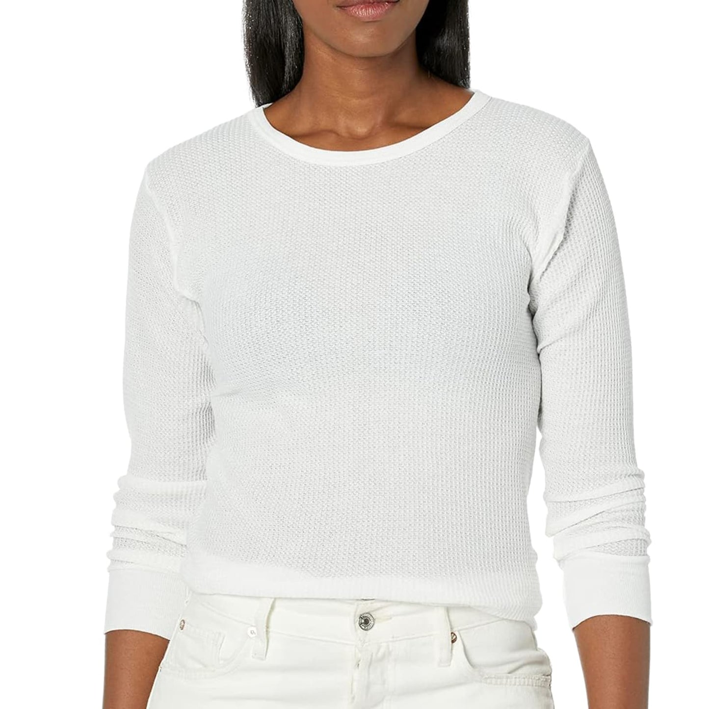 Handcrafted cotton-rich white women's thermal shirt with circular waffle knit texture, designed for warmth and comfort, featured in Health & Wellness, Clothing and Accessories, Best Sellers, and Promo Eligible collections.
