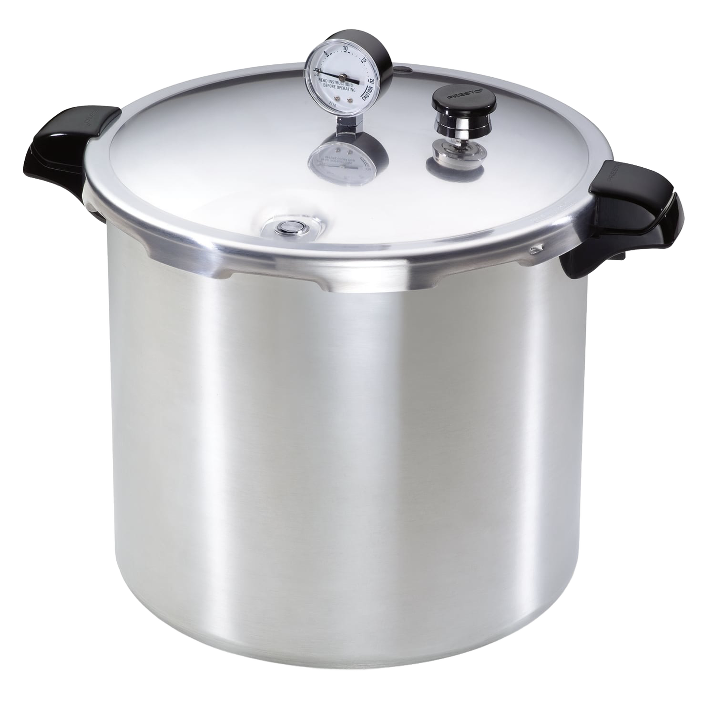Large stainless steel pressure canner with black handles, pressure gauge, and secure lid, designed for food preservation in Kitchen & Food, Canning, and Best Sellers collections.