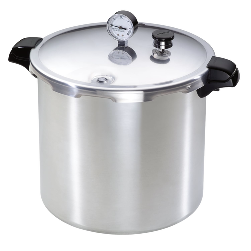 Large stainless steel pressure canner with black handles, pressure gauge, and secure lid, designed for food preservation in Kitchen & Food, Canning, and Best Sellers collections.