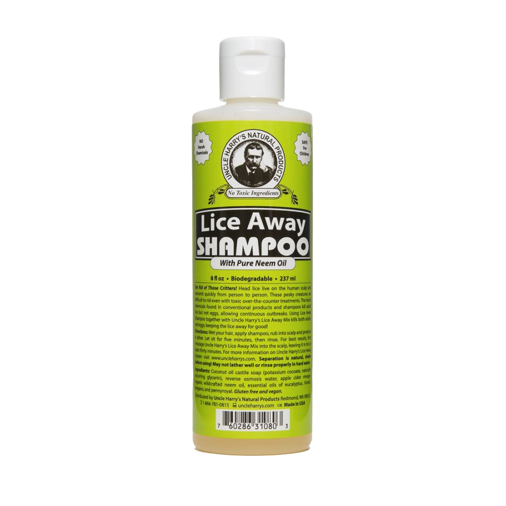 Bottle of plant-based lice treatment shampoo with pure neem oil, free from harsh chemicals, safe for all ages, made in USA, featured in Health & Wellness and Grooming and Personal Hygiene collections.