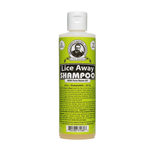 Bottle of plant-based lice treatment shampoo with pure neem oil, free from harsh chemicals, safe for all ages, made in USA, featured in Health & Wellness and Grooming and Personal Hygiene collections.