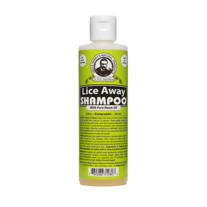 Bottle of plant-based lice treatment shampoo with pure neem oil, free from harsh chemicals, safe for all ages, made in USA, featured in Health & Wellness and Grooming and Personal Hygiene collections.