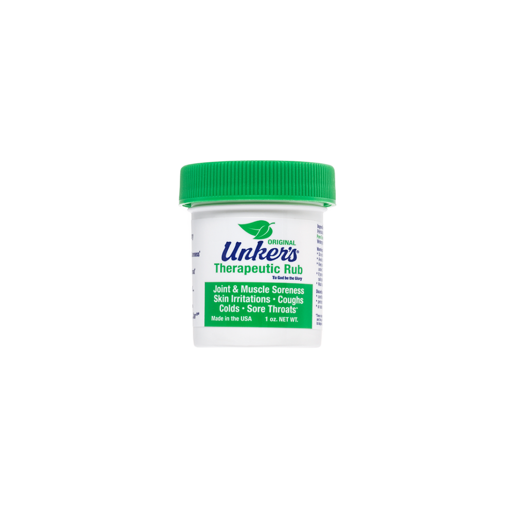 Small container of handcrafted therapeutic rub with menthol scent for joint and muscle relief, soothing skin irritations, coughs, and sore throats, made in the USA, featured in Health & Wellness and USA Made collections.