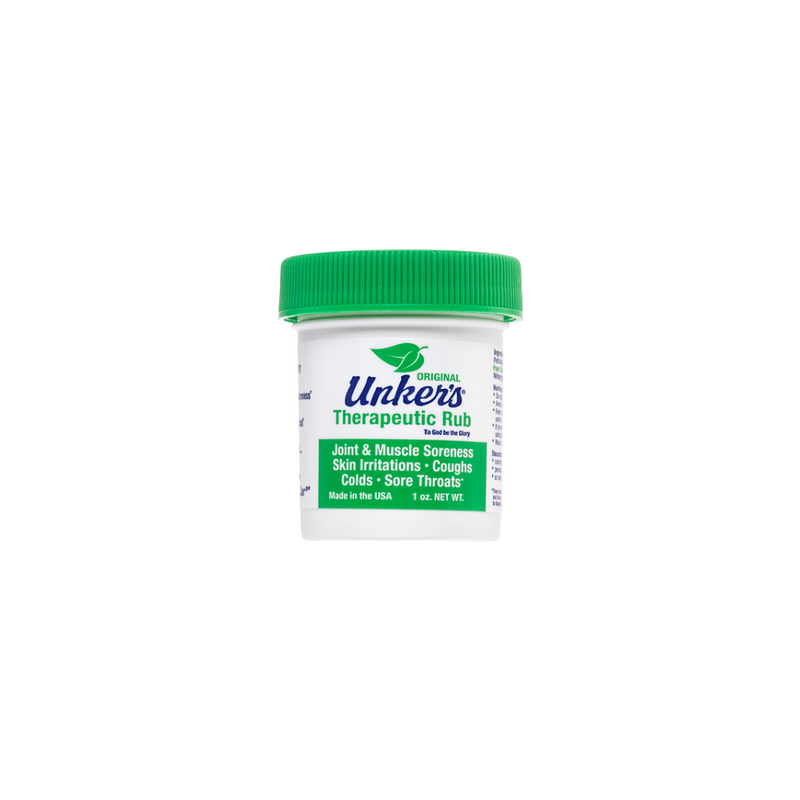 Small container of handcrafted therapeutic rub with menthol scent for joint and muscle relief, soothing skin irritations, coughs, and sore throats, made in the USA, featured in Health & Wellness and USA Made collections.