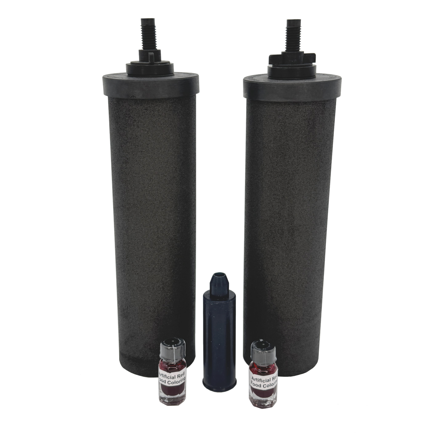 Two black synthetic filter elements and testing vials for water treatment, suitable for Appliances, Water Heating and Treatment, Best Sellers, Promo Eligible, and Berkey Water Filters collections.