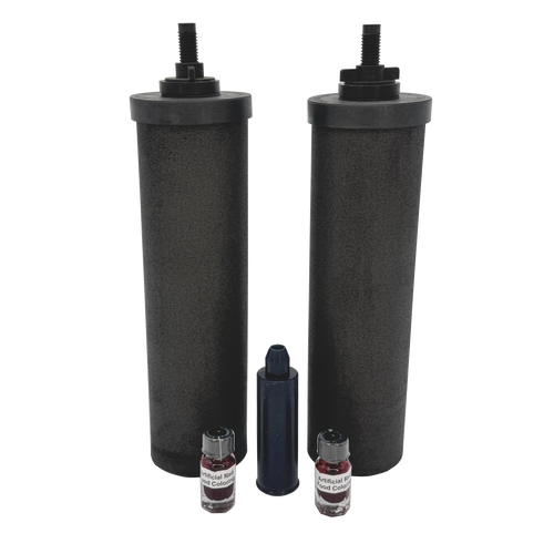 Two black synthetic filter elements and testing vials for water treatment, suitable for Appliances, Water Heating and Treatment, Best Sellers, Promo Eligible, and Berkey Water Filters collections.