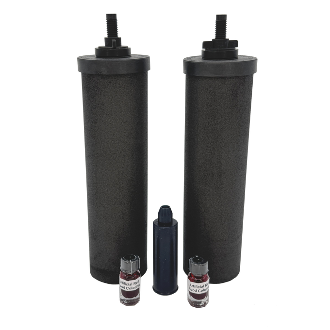 Two black synthetic filter elements and testing vials for water treatment, suitable for Appliances, Water Heating and Treatment, Best Sellers, Promo Eligible, and Berkey Water Filters collections.