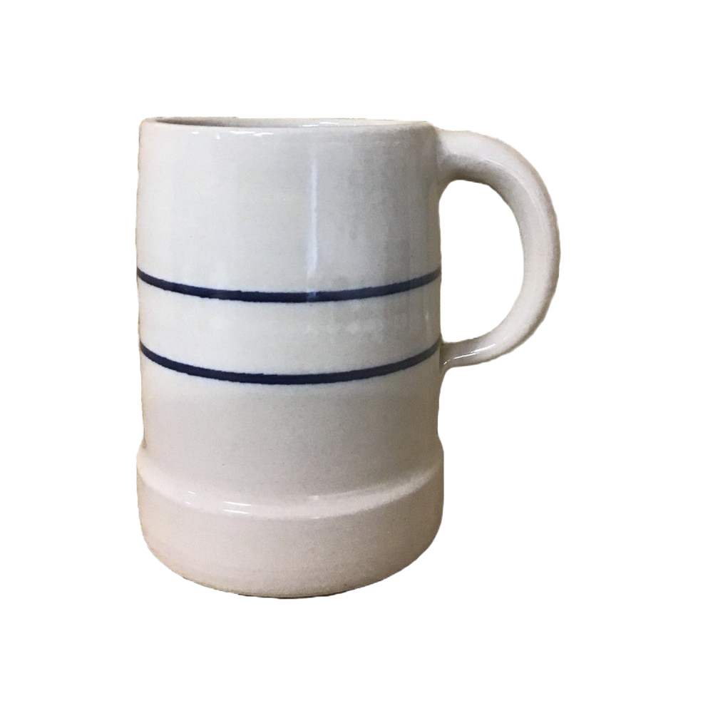 Handcrafted large stoneware stein in natural color with double blue stripes and sturdy handle, ideal for Kitchen & Food, Dinnerware, USA Made, and Best Sellers collections.