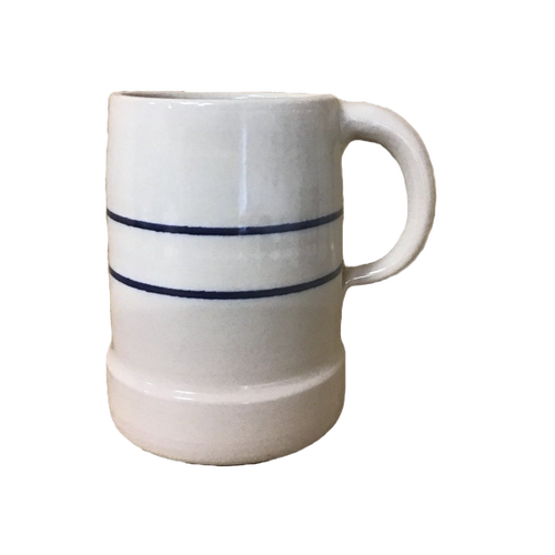 Handcrafted large stoneware stein in natural color with double blue stripes and sturdy handle, ideal for Kitchen & Food, Dinnerware, USA Made, and Best Sellers collections.