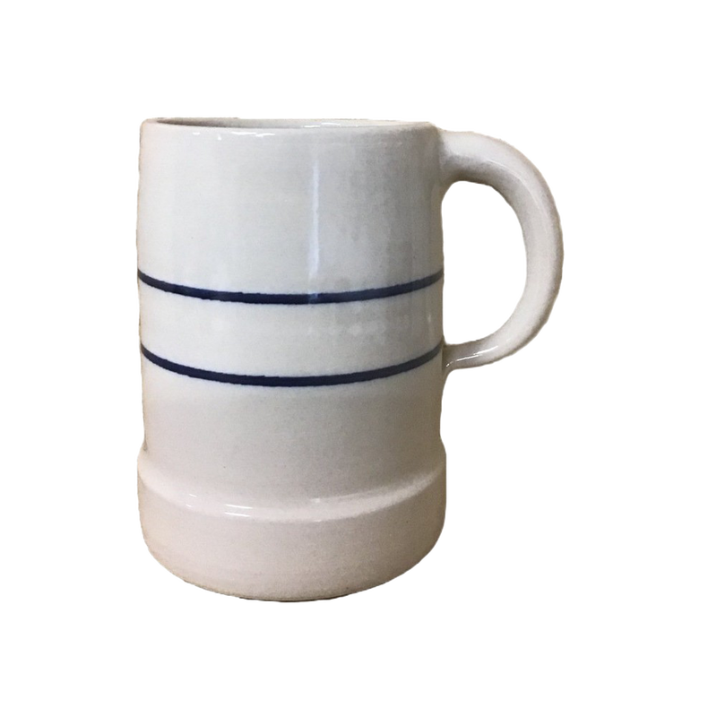 Handcrafted large stoneware stein in natural color with double blue stripes and sturdy handle, ideal for Kitchen & Food, Dinnerware, USA Made, and Best Sellers collections.