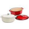 Red and white enameled cast iron Dutch ovens with oval shape, featuring tight-fitting lids and sturdy handles, ideal for Kitchen & Food, Cookware, Cast Iron, and Best Sellers collections.