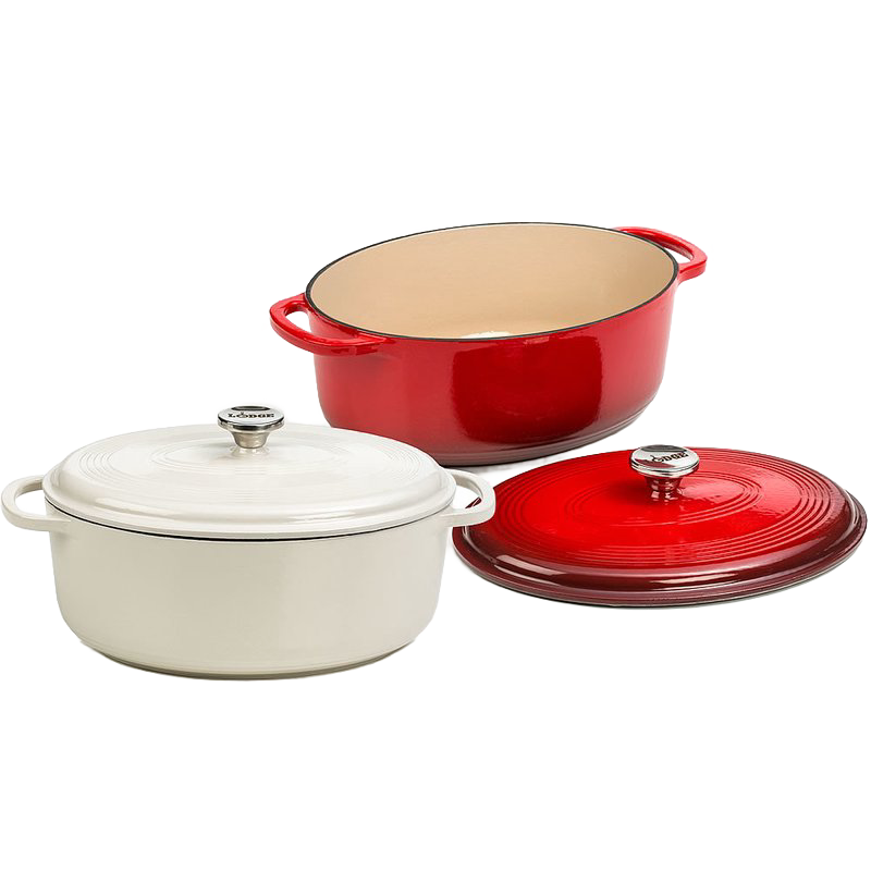 Red and white enameled cast iron Dutch ovens with oval shape, featuring tight-fitting lids and sturdy handles, ideal for Kitchen & Food, Cookware, Cast Iron, and Best Sellers collections.
