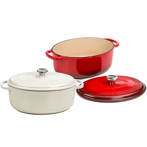 Red and white enameled cast iron Dutch ovens with oval shape, featuring tight-fitting lids and sturdy handles, ideal for Kitchen & Food, Cookware, Cast Iron, and Best Sellers collections.