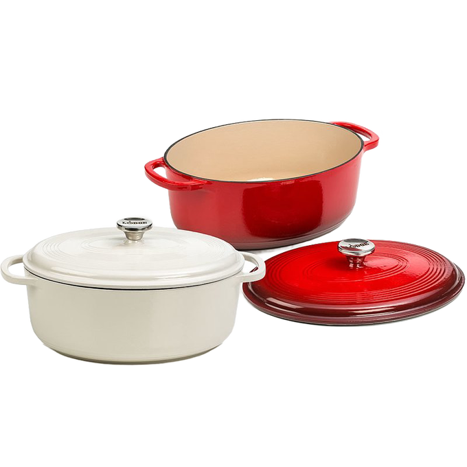Red and white enameled cast iron Dutch ovens with oval shape, featuring tight-fitting lids and sturdy handles, ideal for Kitchen & Food, Cookware, Cast Iron, and Best Sellers collections.