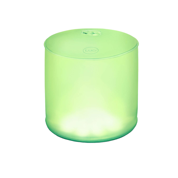 Compact inflatable solar lantern emitting soft green light, designed for versatile outdoor use in camping, emergency supplies, and farm & garden lighting.