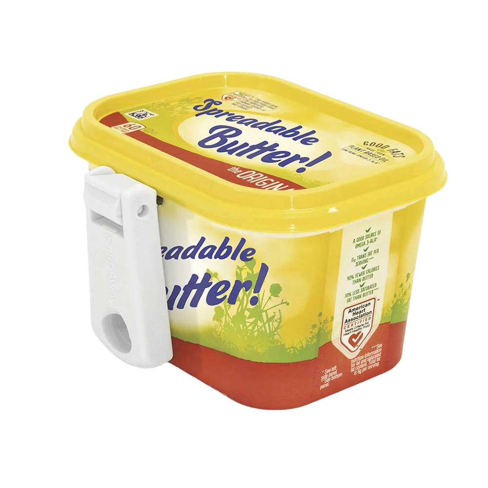Yellow butter tub with a sturdy white foldable knife clipped to the side, designed for convenient spreading and storage, ideal for Kitchen & Food, Kitchen Gadgets, Kitchen Accessories, Best Sellers, and Promo Eligible collections.