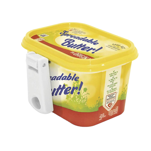 Yellow butter tub with a sturdy white foldable knife clipped to the side, designed for convenient spreading and storage, ideal for Kitchen & Food, Kitchen Gadgets, Kitchen Accessories, Best Sellers, and Promo Eligible collections.