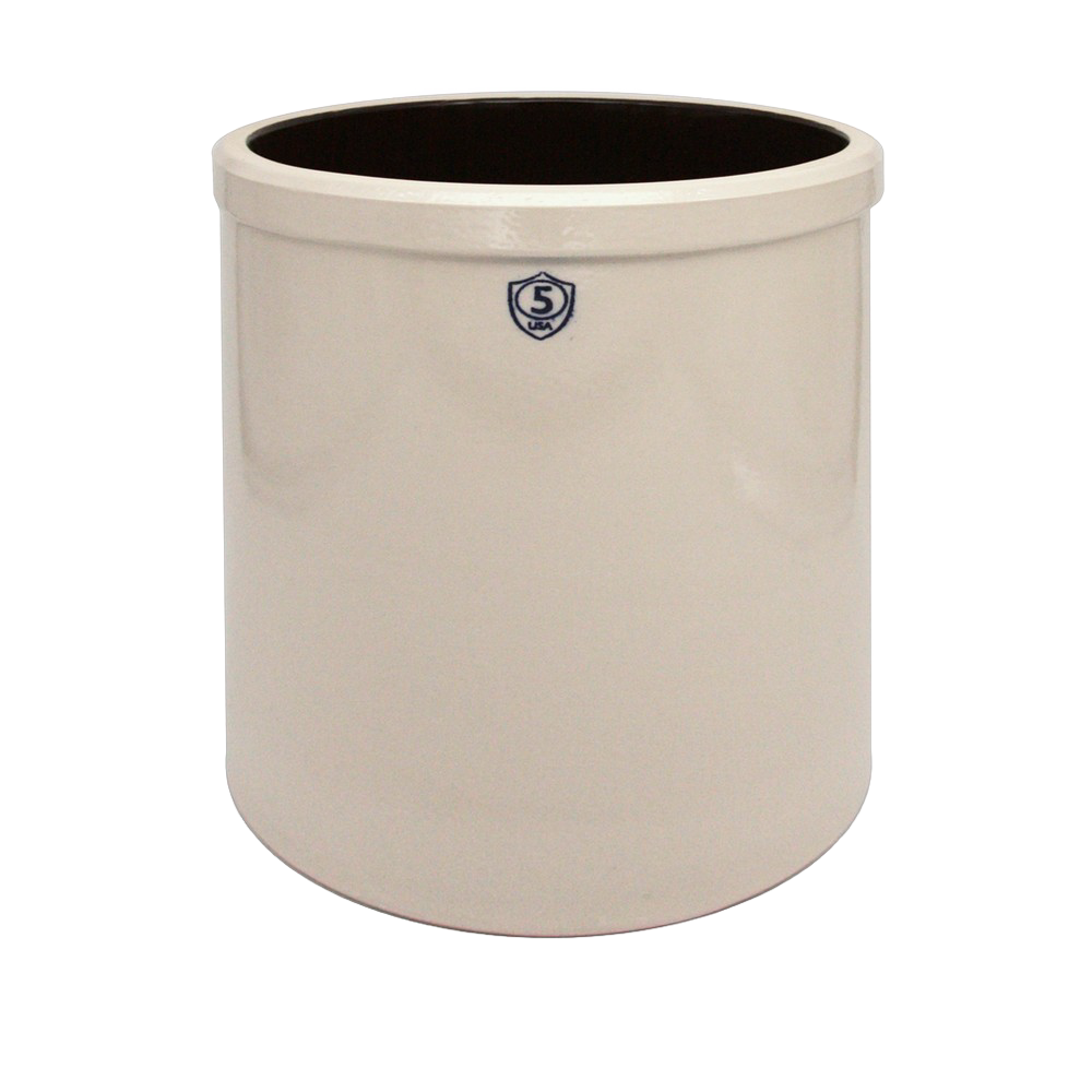 Handcrafted 5-gallon stoneware crock with cream glaze and blue number marking, made in USA, ideal for food preservation, fermenting, pickling, and kitchen use.