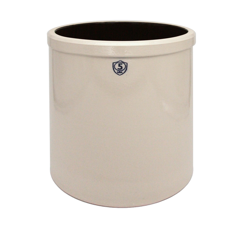 Handcrafted 5-gallon stoneware crock with cream glaze and blue number marking, made in USA, ideal for food preservation, fermenting, pickling, and kitchen use.
