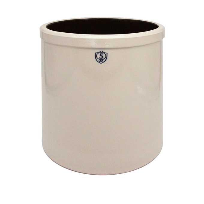 Handcrafted 5-gallon stoneware crock with cream glaze and blue number marking, made in USA, ideal for food preservation, fermenting, pickling, and kitchen use.