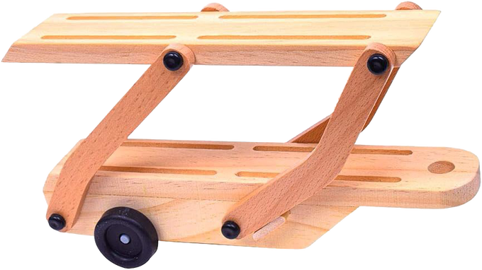 Handcrafted natural wood car carrier truck trailer with black wheels, designed for easy loading and unloading, part of wooden toys and indoor play collections.