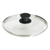 Round tempered glass lid with black knob handle and stainless steel rim, designed to complement cookware in Kitchen & Food, Cookware, Cast Iron, and Pots and Pans collections.