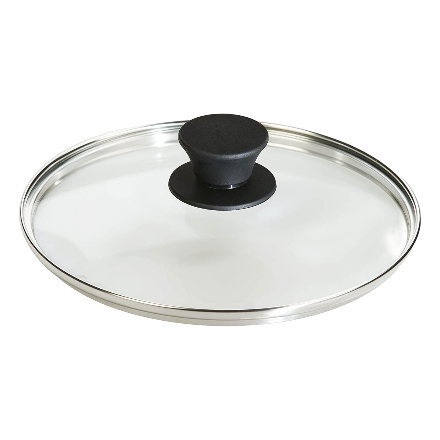 Round tempered glass lid with black knob handle and stainless steel rim, designed to complement cookware in Kitchen & Food, Cookware, Cast Iron, and Pots and Pans collections.