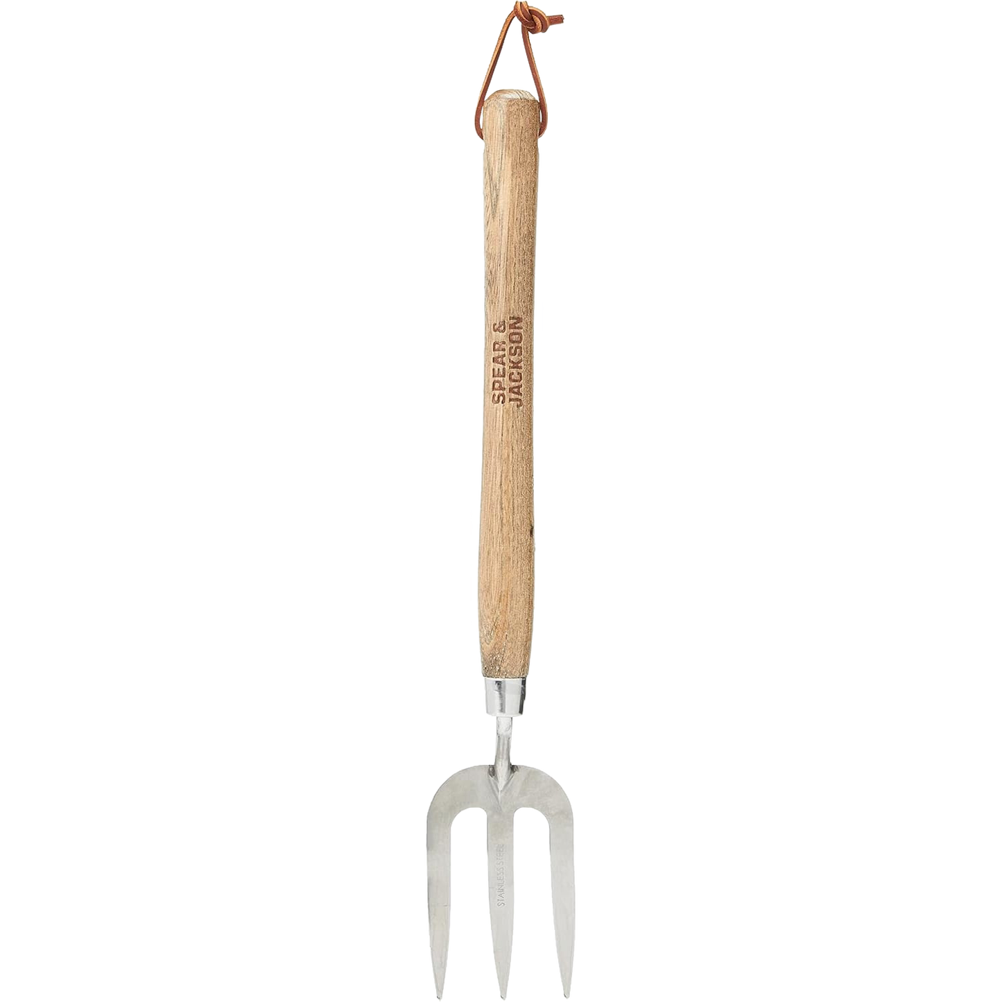 Hand cultivator with mirror-polished stainless steel tines and weatherproof 12" wooden handle, designed for farm, garden, and lawncare use in digging and cultivating tasks.