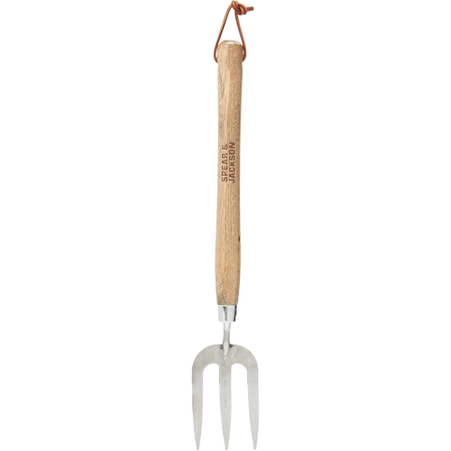 Hand cultivator with mirror-polished stainless steel tines and weatherproof 12" wooden handle, designed for farm, garden, and lawncare use in digging and cultivating tasks.
