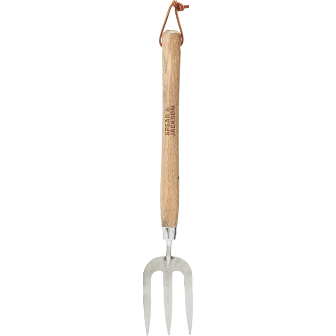 Hand cultivator with mirror-polished stainless steel tines and weatherproof 12" wooden handle, designed for farm, garden, and lawncare use in digging and cultivating tasks.