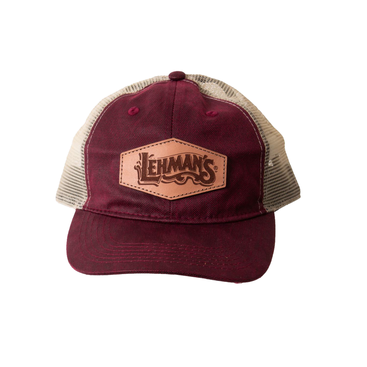Handcrafted adjustable vintage-style hat with weathered burgundy cotton front, beige breathable mesh back, and distinctive light brown leather patch, featured in Health & Wellness, Clothing and Accessories, Best Sellers, and Promo Eligible collections.