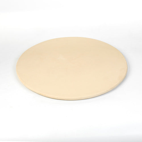 Round natural stoneware pizza baking stone in light beige, handcrafted in USA, designed for even heat distribution and healthier cooking, featured in Kitchen & Food, Cookware, Pots and Pans, USA Made, Best Sellers, and New collections.