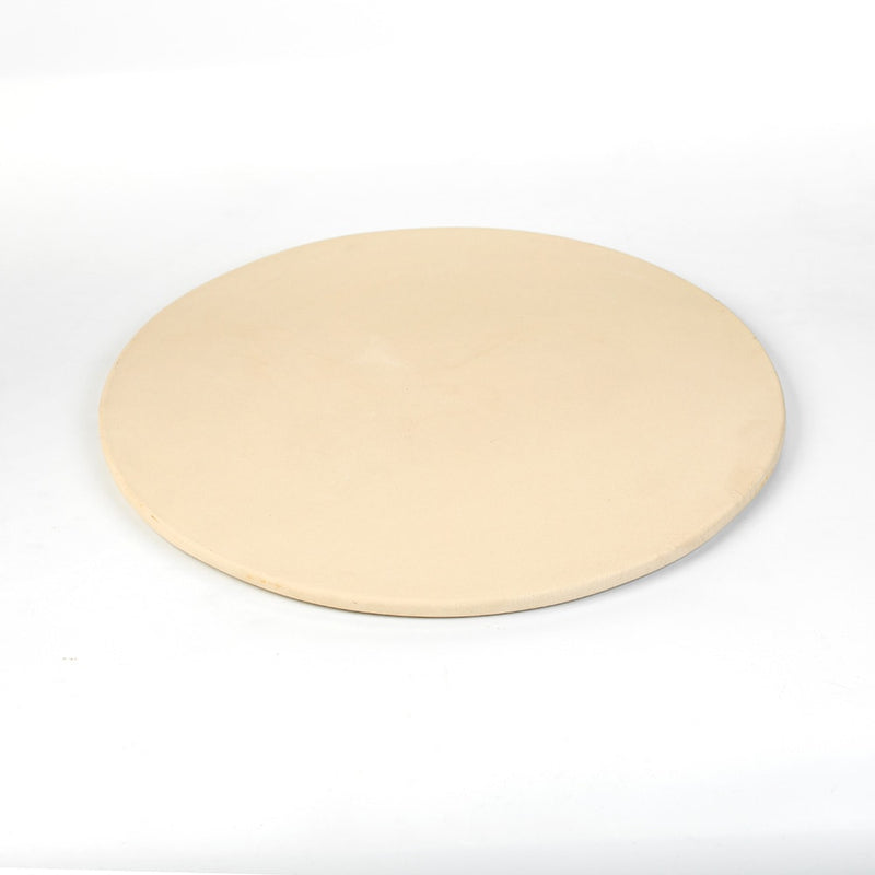 Round natural stoneware pizza baking stone in light beige, handcrafted in USA, designed for even heat distribution and healthier cooking, featured in Kitchen & Food, Cookware, Pots and Pans, USA Made, Best Sellers, and New collections.