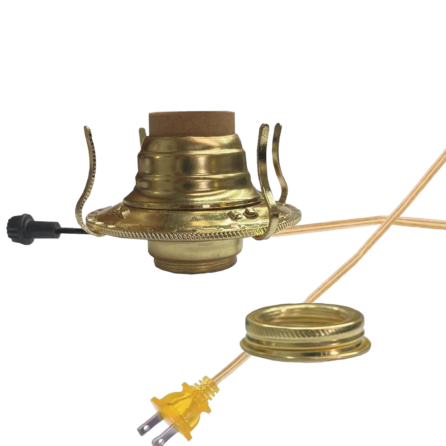 Brass plated electrified burner with removable screw-on collar and UL listed 6 ft. cord in clear gold, designed for #2 lamp collars, ideal for Lamps & Lighting and Electric Conversion collections.