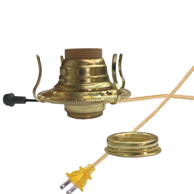Brass plated electrified burner with removable screw-on collar and UL listed 6 ft. cord in clear gold, designed for #2 lamp collars, ideal for Lamps & Lighting and Electric Conversion collections.