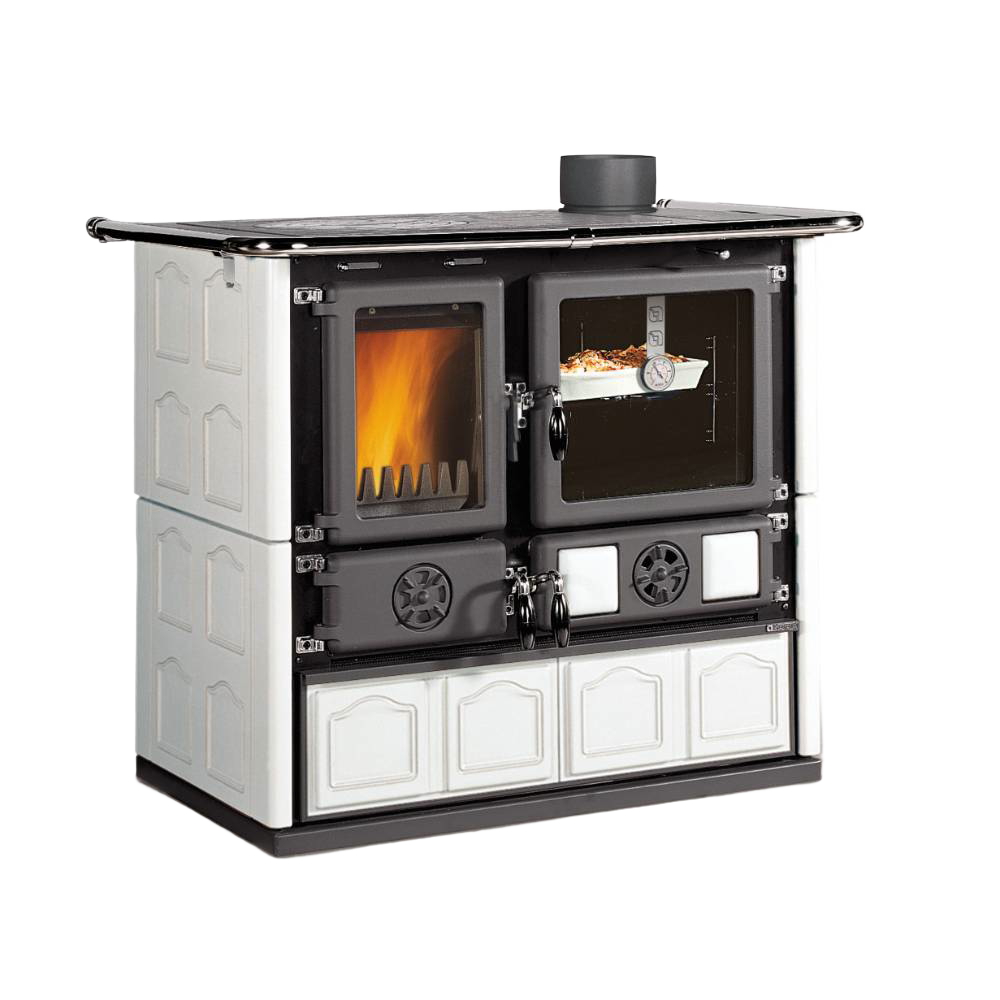 Cream majolica wood cook stove featuring a cast iron firebox with ceramic glass door showing burning fire, porcelain enameled steel oven with temperature gauge, ideal for Stoves, Cookstoves, Best Sellers, and All Stoves & Appliances collections.