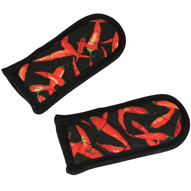 Set of two quilted handle pads with bright red chili pepper design on black background and black trim, designed for heat protection up to 350°F in Kitchen & Food, Cookware, Cast Iron, and Best Sellers collections.
