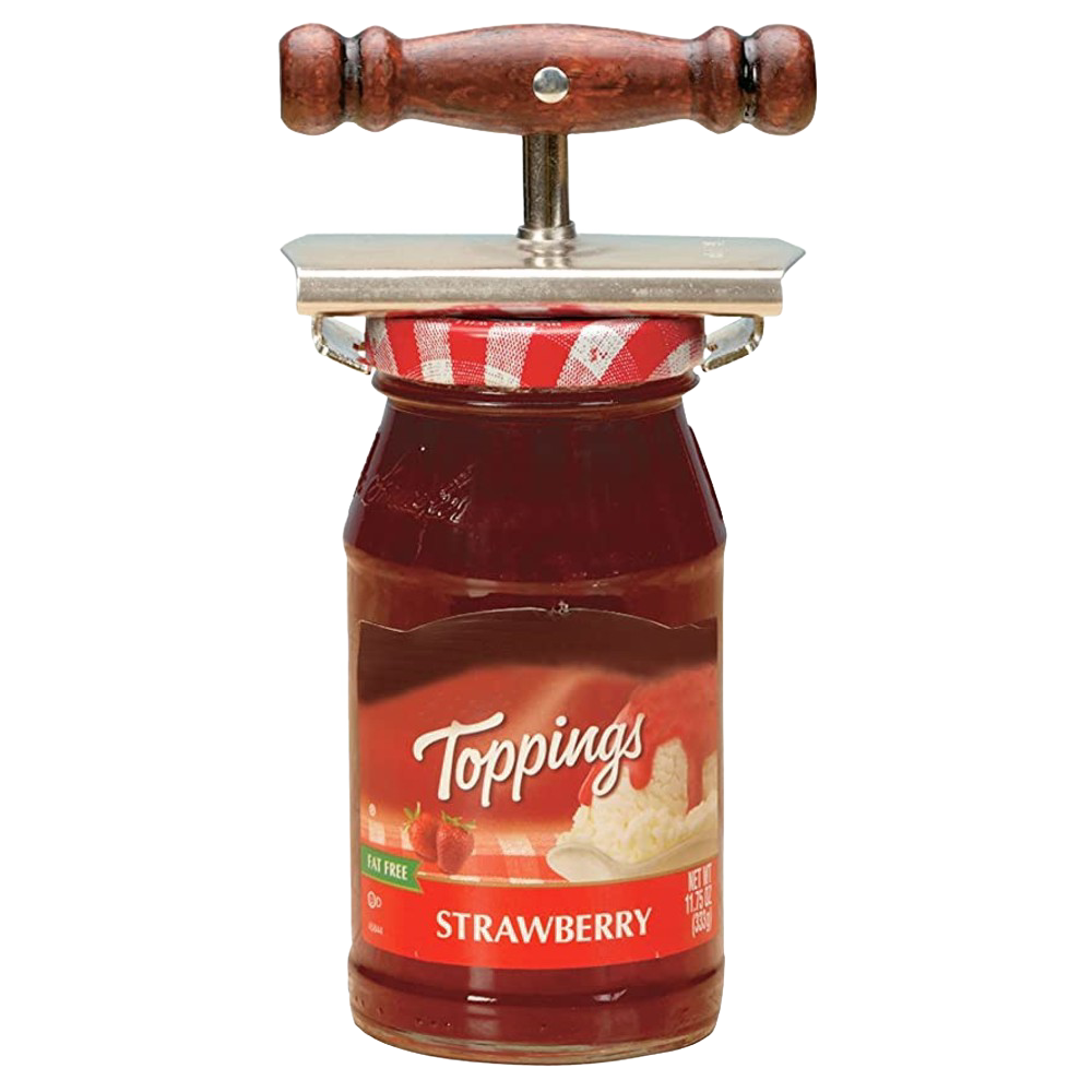 Twister jar opener with chromed steel jaws and wooden handle clamped on a strawberry jam jar, designed to ease opening tight lids for those with limited hand mobility, featured in Kitchen Gadgets and Best Sellers collections.