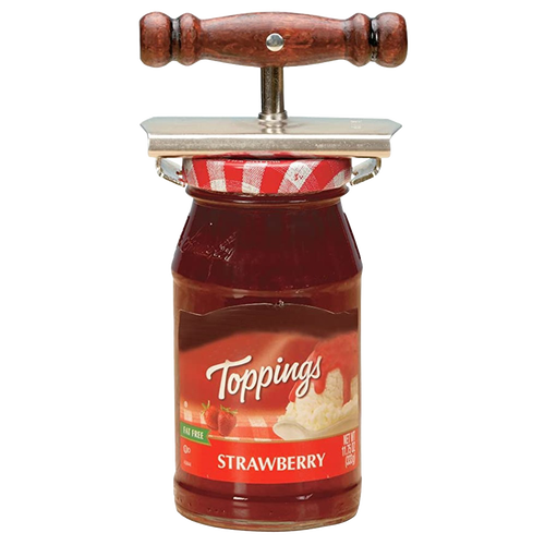 Twister jar opener with chromed steel jaws and wooden handle clamped on a strawberry jam jar, designed to ease opening tight lids for those with limited hand mobility, featured in Kitchen Gadgets and Best Sellers collections.