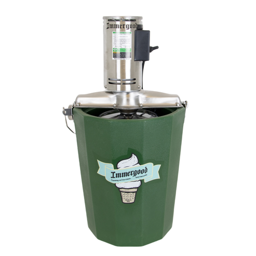 Green insulated fiberglass tub ice cream freezer with stainless steel electric motor, ideal for Kitchen & Food, Specialty Equipment, Making Ice Cream, Best Sellers, Promo Eligible collections.