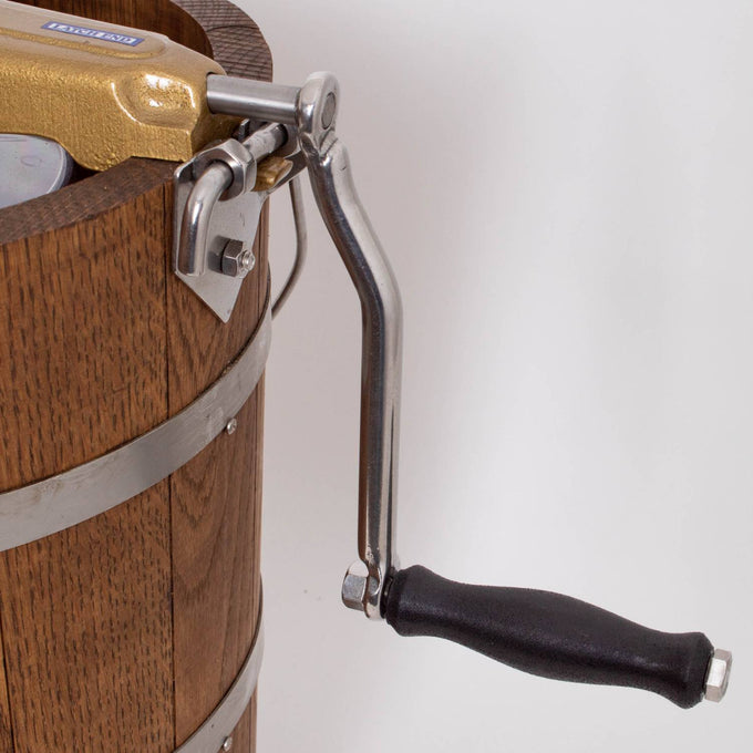 Close-up of handcrafted Amish made ice cream freezer featuring a sturdy metal crank with ergonomic black handle and wooden bucket with metal band, perfect for Kitchen & Food and Specialty Equipment collections.