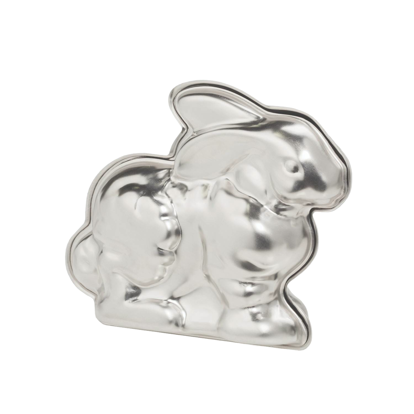 Shiny metal bunny-shaped cake pan made in USA, designed for creating detailed 3D cakes, featured in Kitchen & Food, Cookware, Baking Supplies, Best Sellers, and Promo Eligible collections.