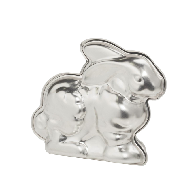 Shiny metal bunny-shaped cake pan made in USA, designed for creating detailed 3D cakes, featured in Kitchen & Food, Cookware, Baking Supplies, Best Sellers, and Promo Eligible collections.