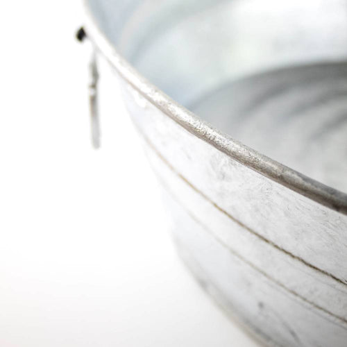 Close-up of a handcrafted sturdy steel low flat tub with durable wire handles, watertight and weather-resistant for versatile use in Home & Decor, Farm, Garden & Tool, Animal Care, and Household Helpers collections.