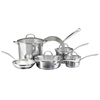 10-piece stainless steel cookware set including saucepans, frying pans, stockpot, and lids, featuring durable construction with encapsulated aluminum cores, ideal for kitchen and cookware collections.