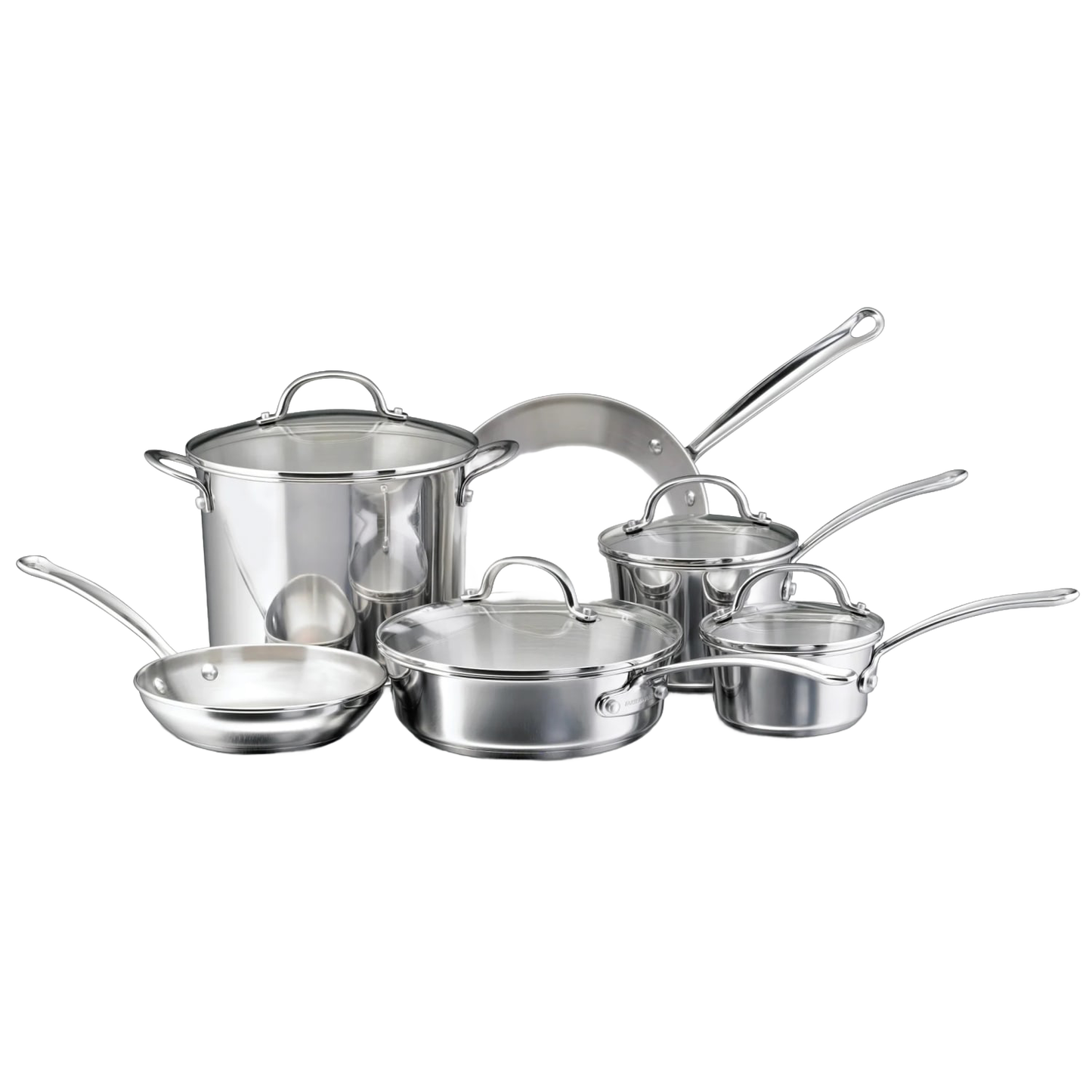 10-piece stainless steel cookware set including saucepans, frying pans, stockpot, and lids, featuring durable construction with encapsulated aluminum cores, ideal for kitchen and cookware collections.